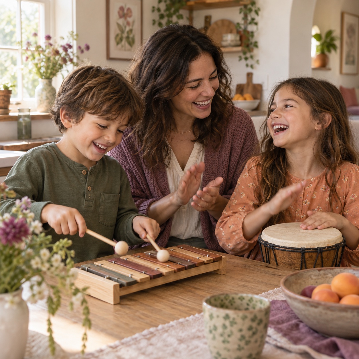 A parent and two children laughing while exploring a xylophone and hand drum together.