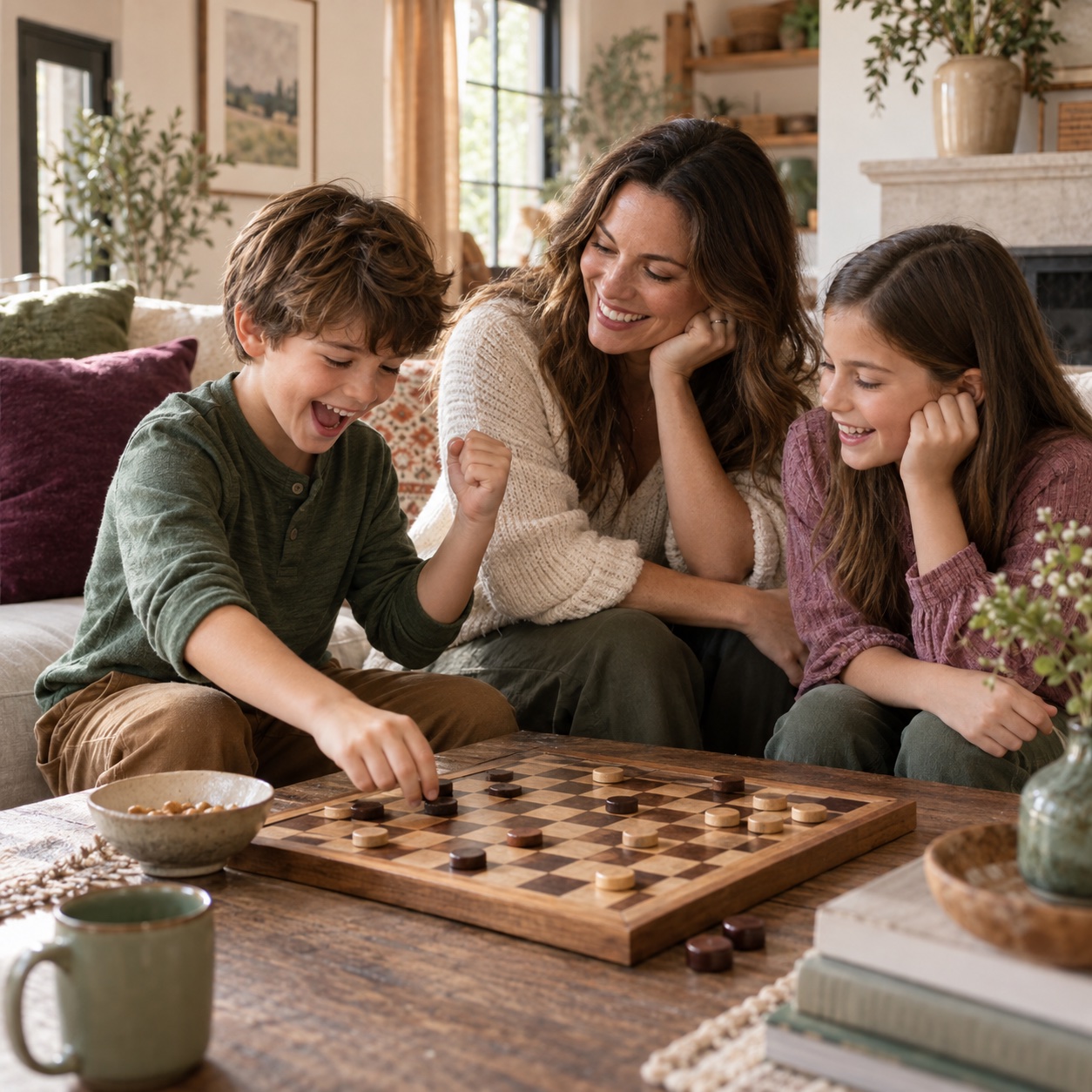 A parent and two children sharing a playful game of checkers at home.